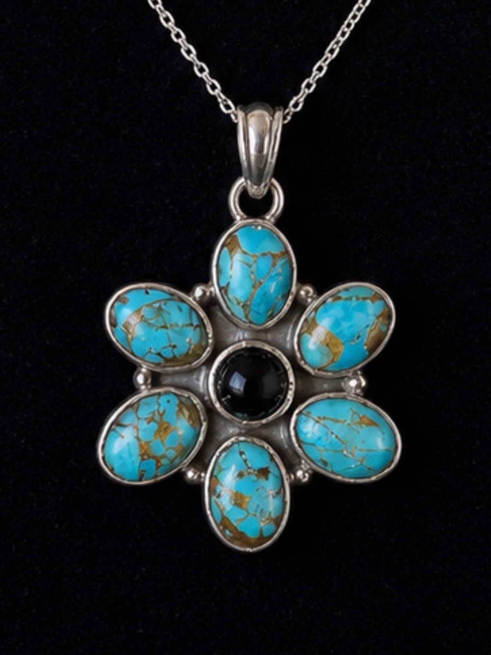 Pendant*Turquoise and 925 Sterling Silver Floral Pendant With Black Onyx Center